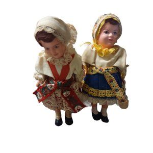 2 Vintage Creepy 1965 Czechoslovakia Hard Plastic Dolls Eyes Close Lace Dresses